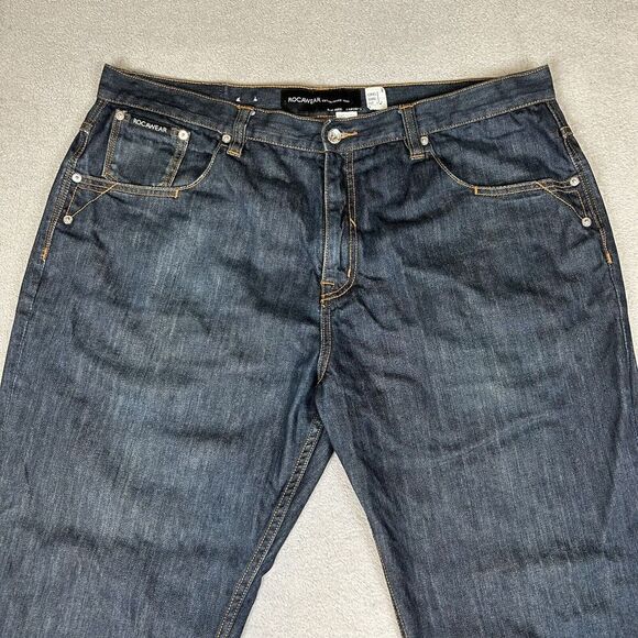 Vintage Rocawear Jeans Mens 42x32 Blue Rap Straight Baggy Wide Skater Street Y2K - Picture 3 of 16